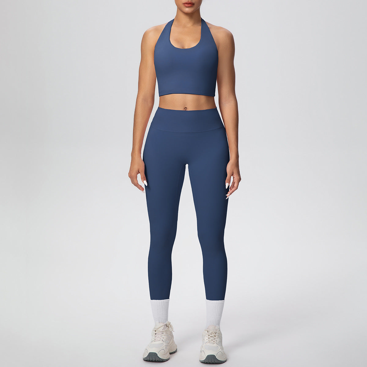 Solid Color Halter Beauty Back Exercise Bra Gathering Vest Running Body Shaping Exercise Workout Pants Yoga Two Piece Sets