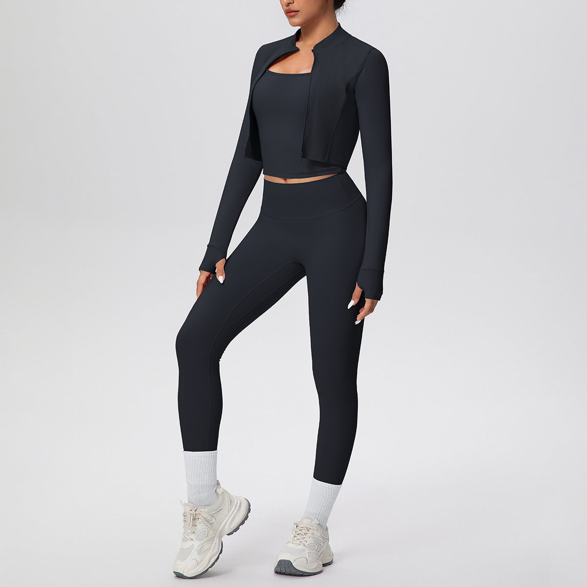 Solid Color Zip Long Sleeve Coat H Shaped Beauty Back Vest Slim Fit Yoga Pants Workout Clothes Yoga Three Piece Set