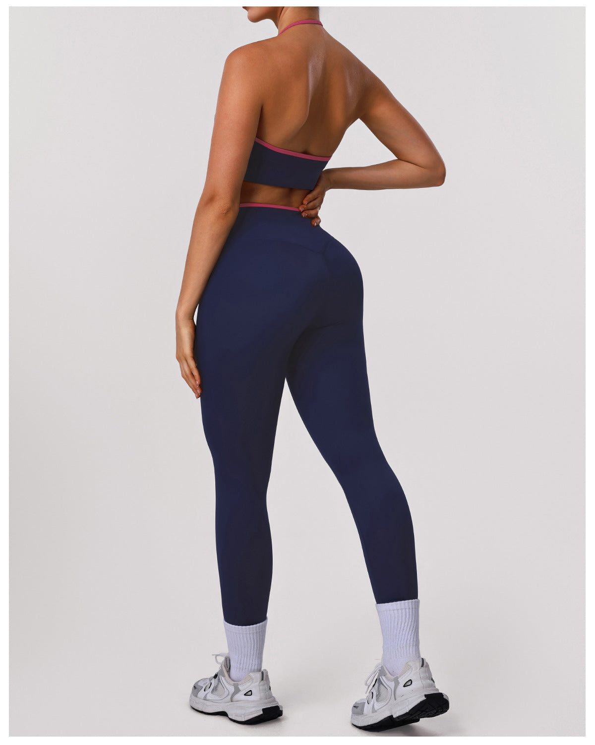 High Elastic Hip Lifting Tights Yoga Contrast Color Thin Band Halter Bra Training Sports Two Piece Sets Women