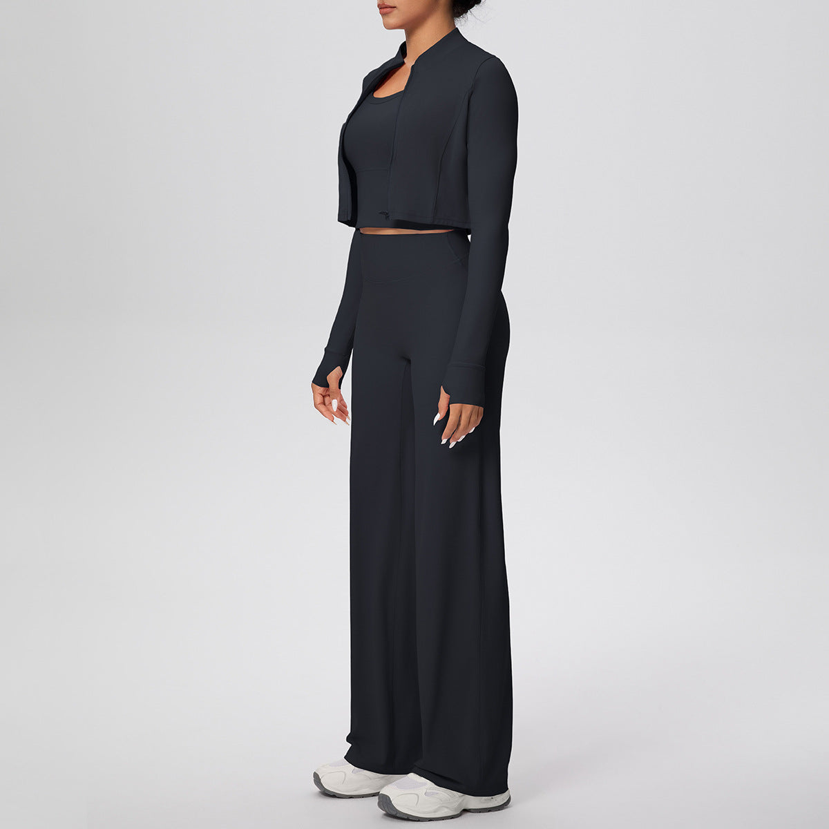 Solid Color Sports Zip Long Sleeve Coat Inner Vest Baggy Straight Trousers Workout Clothes Yoga Three Piece Suit