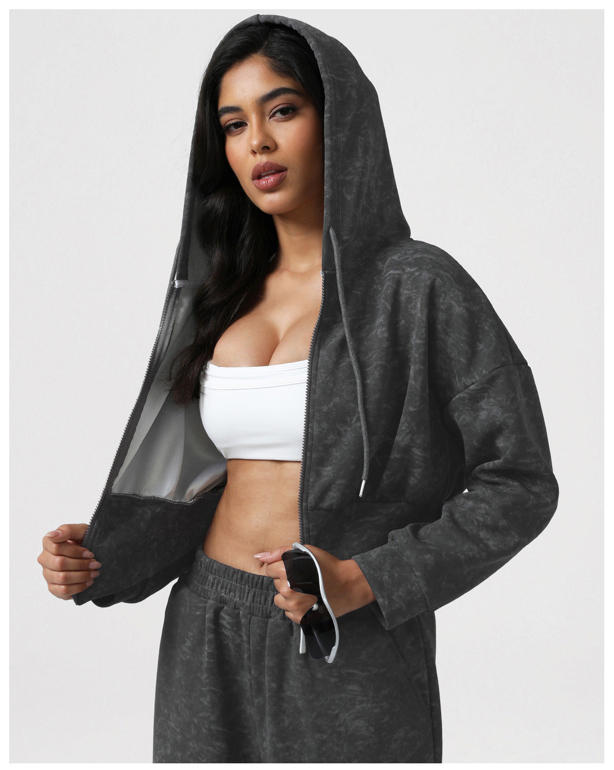 Printed Double Headed Zipper Yoga Jacket Short Autumn Winter Sexy Hooded Sweatshirt Workout Top