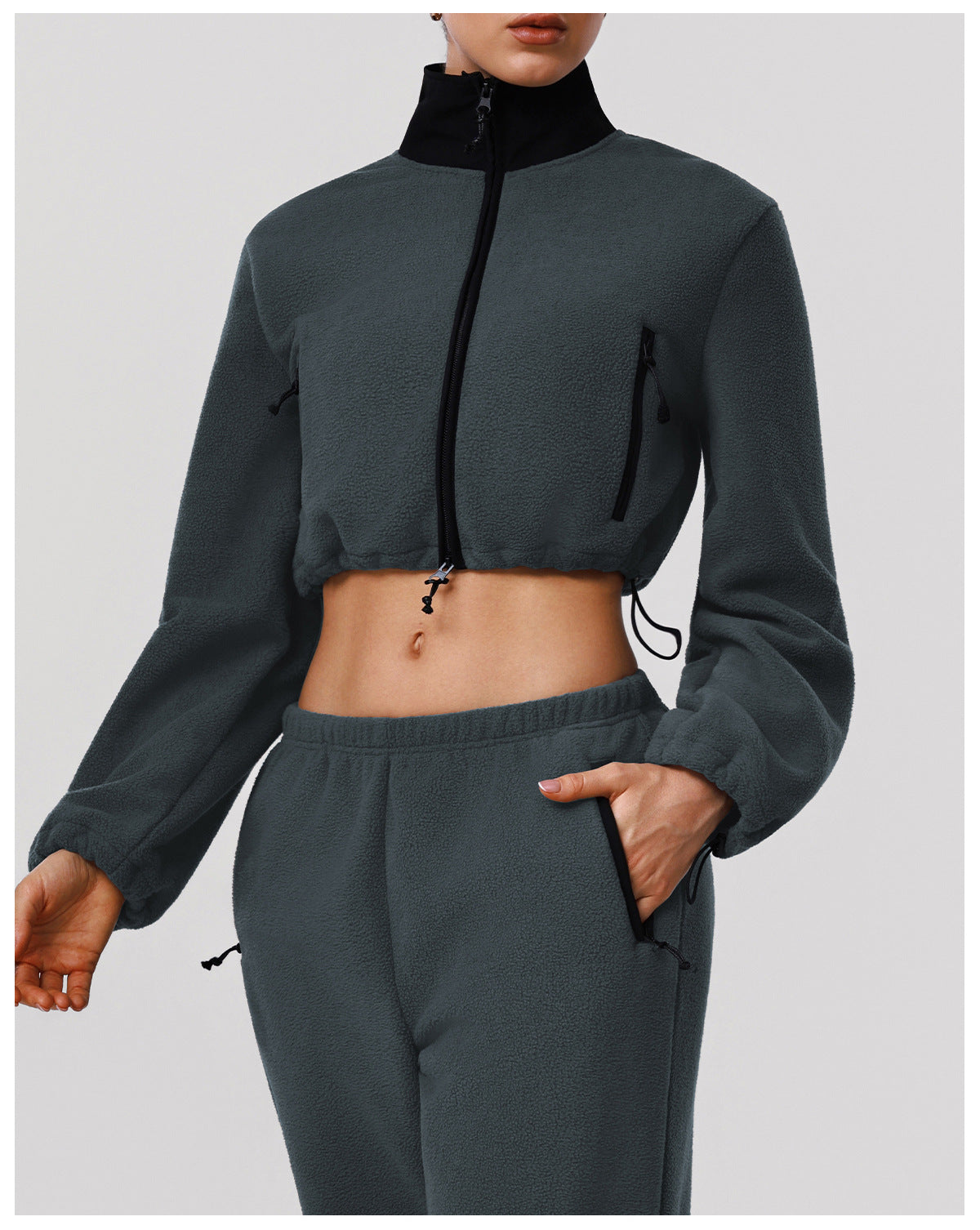 Autumn Winter Thick Polar Fleece Sports Slim Fitting Coat Warm Stand Collar Zipper Pocket Fitness Long Sleeved Upper Garment