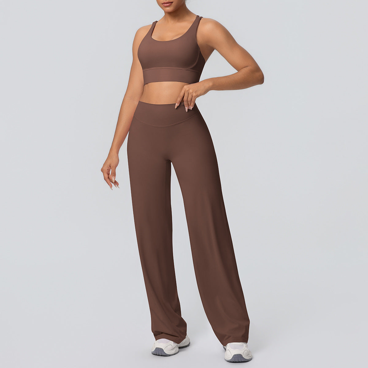 Sexy Cross Shoulder Strap Backless Bra Solid Color Baggy Straight Trousers Fitness Pants Yoga Set for Women