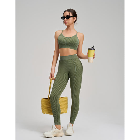 Stone Washed Peach Hip Seamless Yoga Pants Set Sports Fitness Running Shockproof Vest Two Piece Set