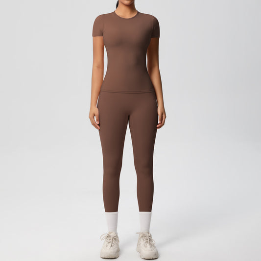 Sports Nude Feel Skin Friendly Solid Color Sports T shirt Stretch Short Sleeve Yoga Pants High Waist Workout Set Women