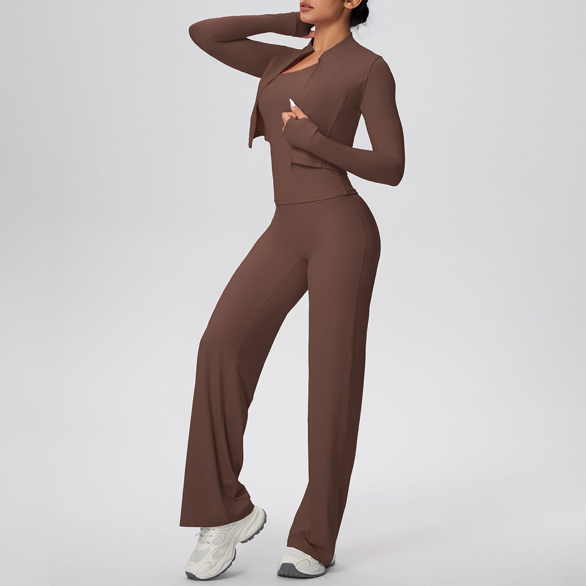 Women Solid Color Zip Long Sleeve Coat Oblique Shoulder Vest Baggy Straight Trousers Workout Clothes Yoga Three Piece Set
