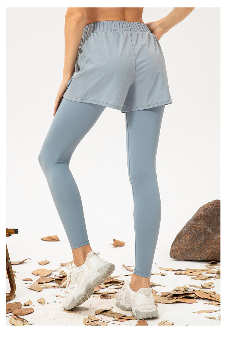 Women Faux Two Piece Yoga Trousers High Waist Hip Lift Fitness Pants Pocket Loose Breathable Running Workout Pants