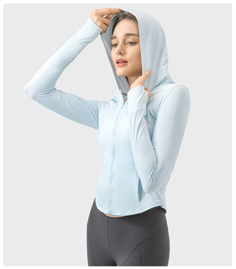 Outdoor Sports Upf50 Water Cooled Ice Sensitive Hooded Raw Yarn Sun Protection Clothing Cream Sweet Girl Short Slim Coat