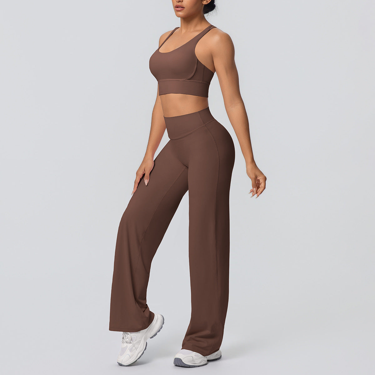 Sexy Cross Shoulder Strap Backless Bra Solid Color Baggy Straight Trousers Fitness Pants Yoga Set for Women
