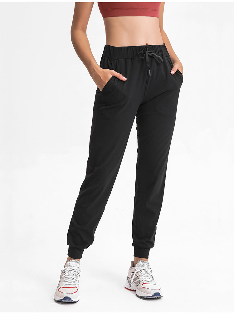 Spring Summer Elastic Lace-up Waist Yoga Pants Simple Straight Sports Casual Elastic Ankle-Tied Cropped Pants for Women