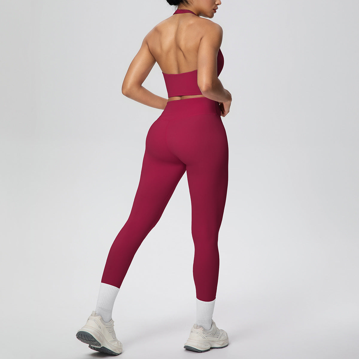 Solid Color Halter Beauty Back Exercise Bra Gathering Vest Running Body Shaping Exercise Workout Pants Yoga Two Piece Sets