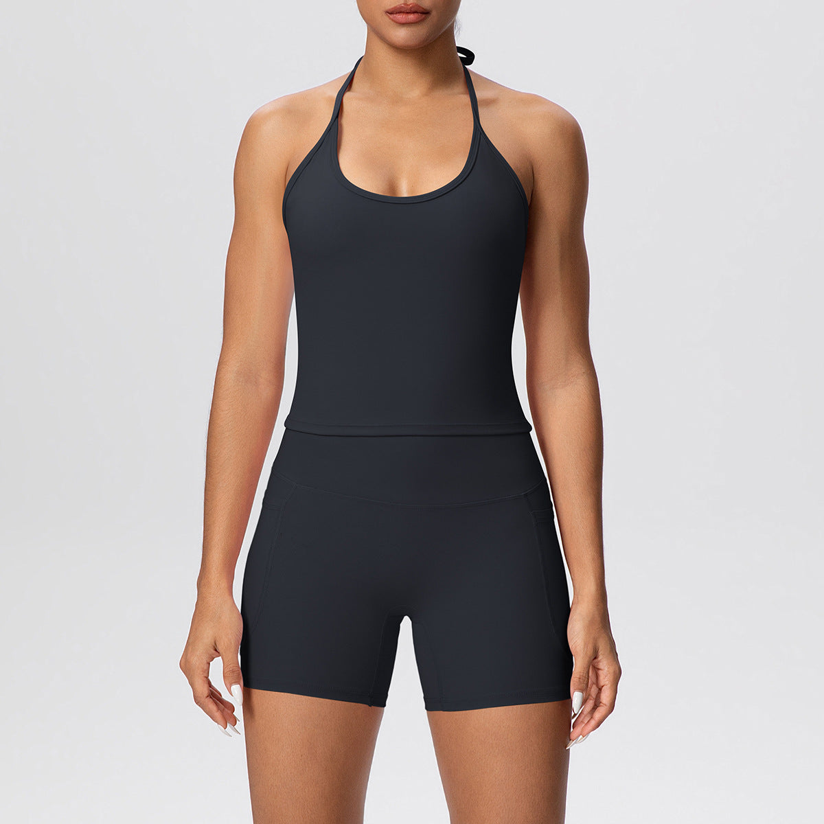 Women Cloud Sense Solid Color Lace Strap Beauty Back Yoga Vest Pocket Shorts Sports Slim Fitting Yoga Set