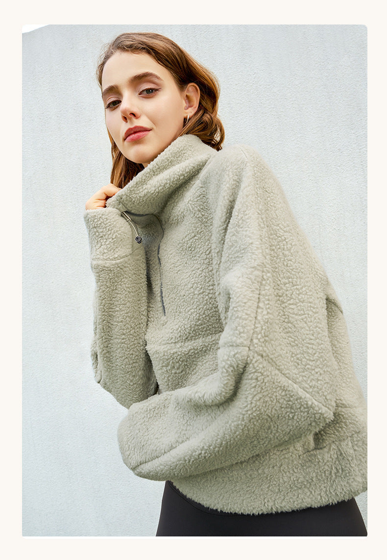 Fleece Fall Winter Casual Solid Color Top for Women Stand Collar Half Zip Lamb Wool Sweatshirt