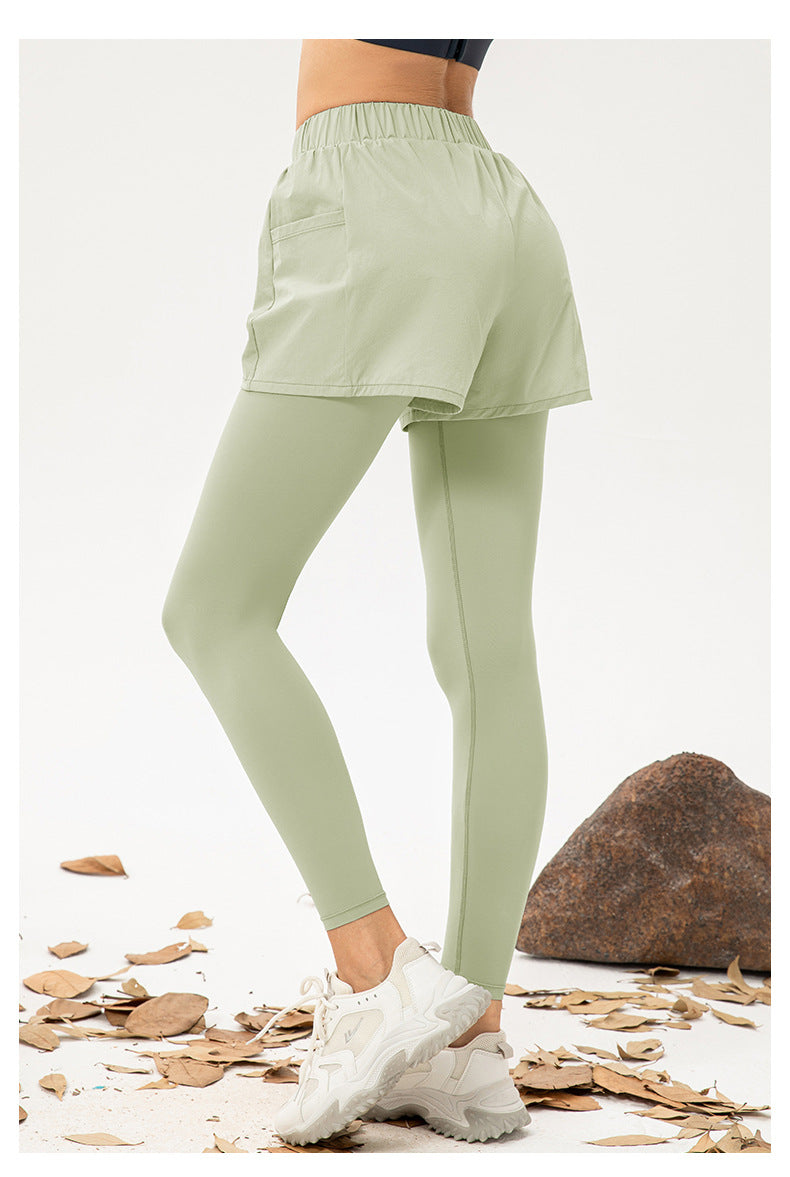 Women Faux Two Piece Yoga Trousers High Waist Hip Lift Fitness Pants Pocket Loose Breathable Running Workout Pants