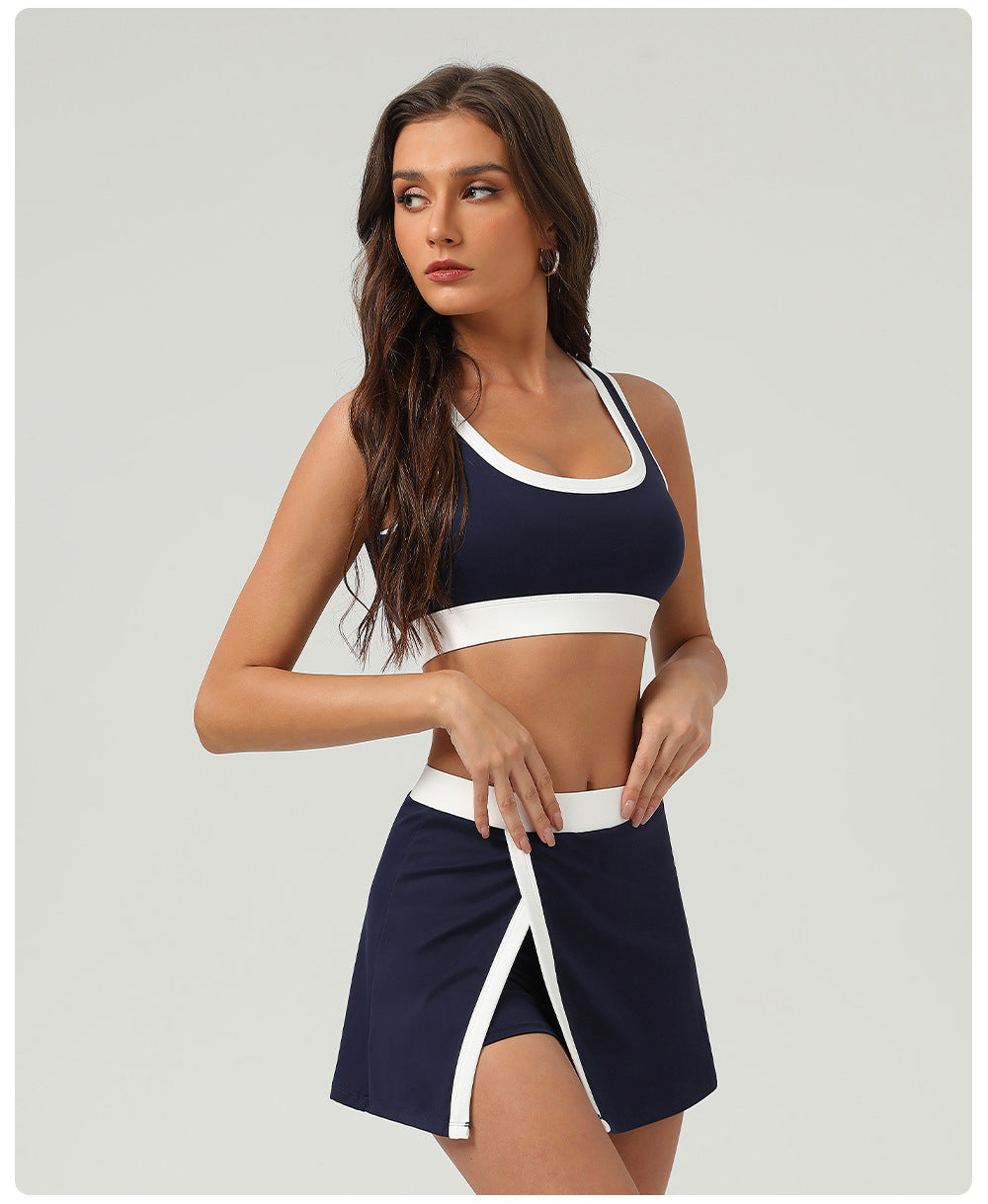 Contrast Color Sports Bra Tennis Skirt Set Women Quick Drying Anti Emptied Pantskirt Sports Set