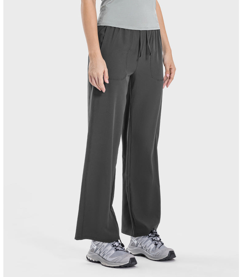 Pocket Slim Fit Slimming High Waist Hip Lift Casual Sports Pants Women Elastic Drawstring Waist Straight Leg Pants