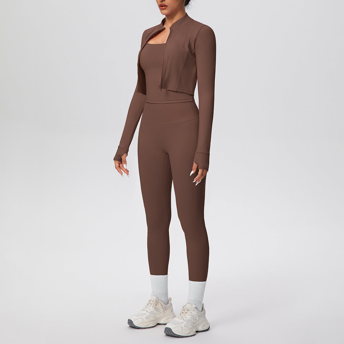 Solid Color Zip Long Sleeve Coat H Shaped Beauty Back Vest Slim Fit Yoga Pants Workout Clothes Yoga Three Piece Set