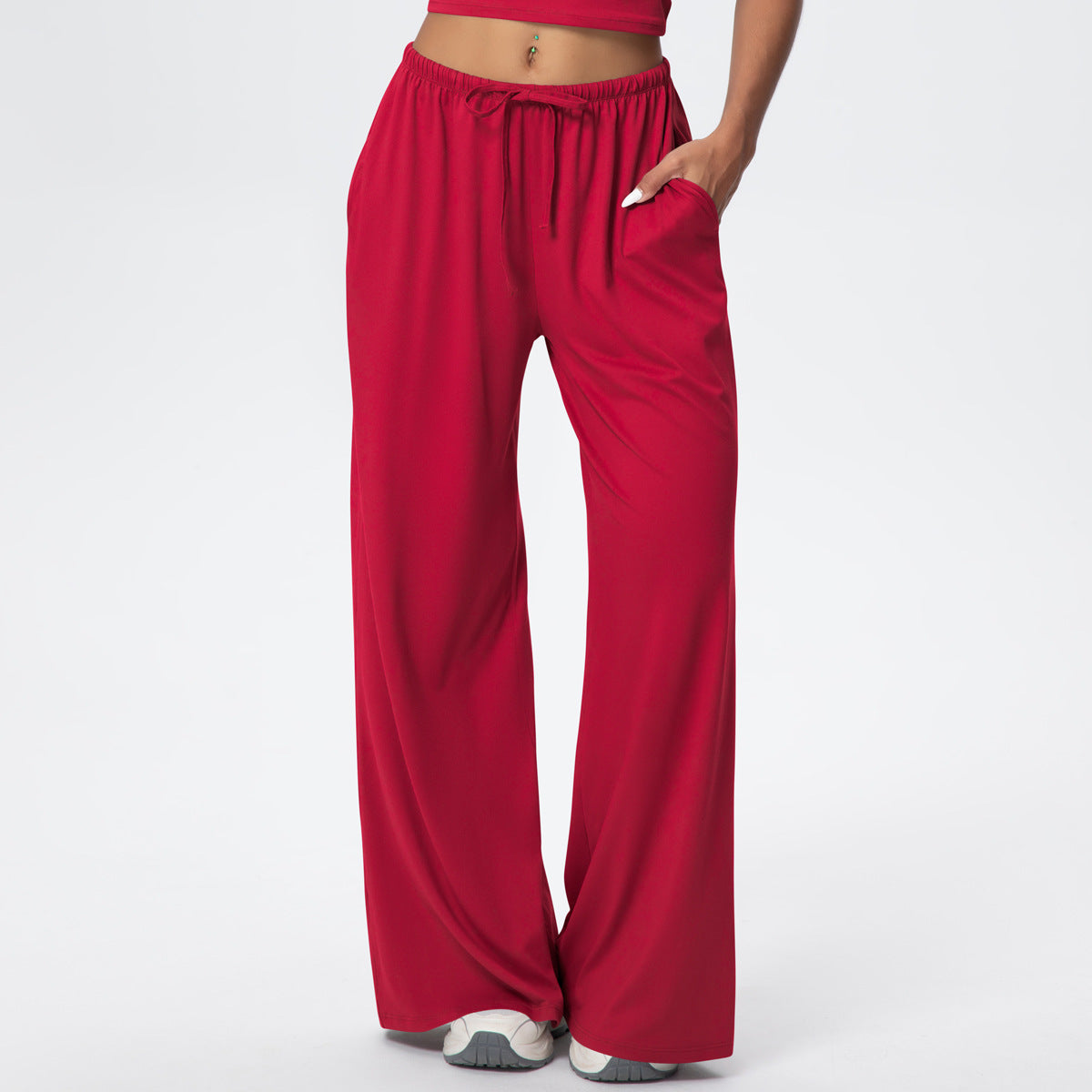Brushed Trousers Draping Side Pocket Wide Leg Pants Loose Casual Pants Women Sports Fitness Elastic Drawstring Trousers