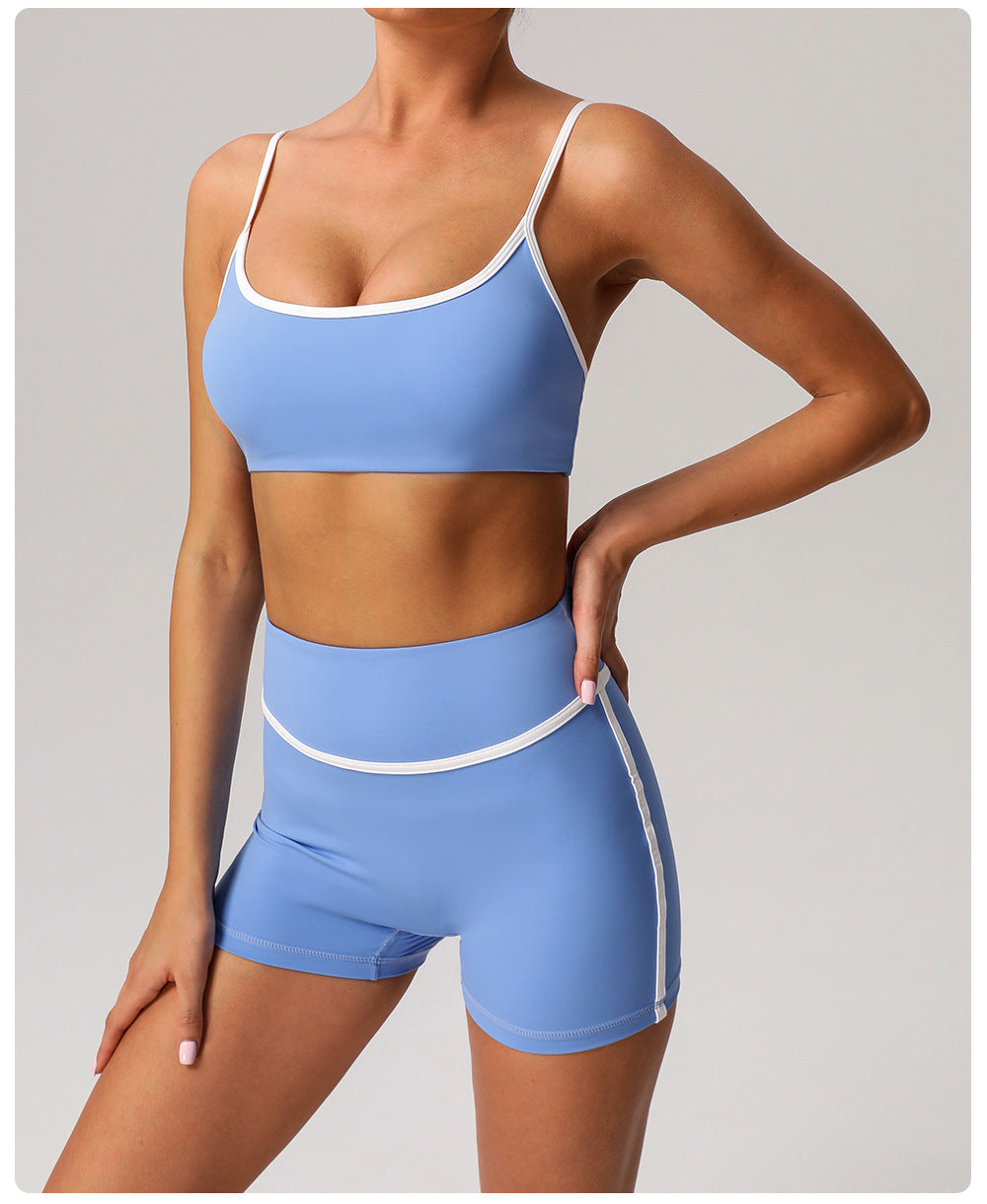 Contrast Color Thin Belt Sports Underwear Gather Shockproof Yoga Bra with Pad Outdoor Running Fitness Clothes