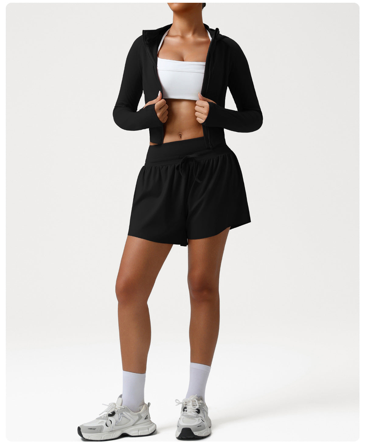 Autumn Winter Nude Feel Casual Sports Hooded Suit Slim Stand Collar Jacket High Waist Workout Shorts Yoga Two Piece Sets