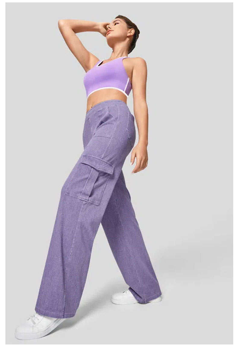 Color Denim Fitness Pants Women Multi Pocket Sports Casual Working Pants