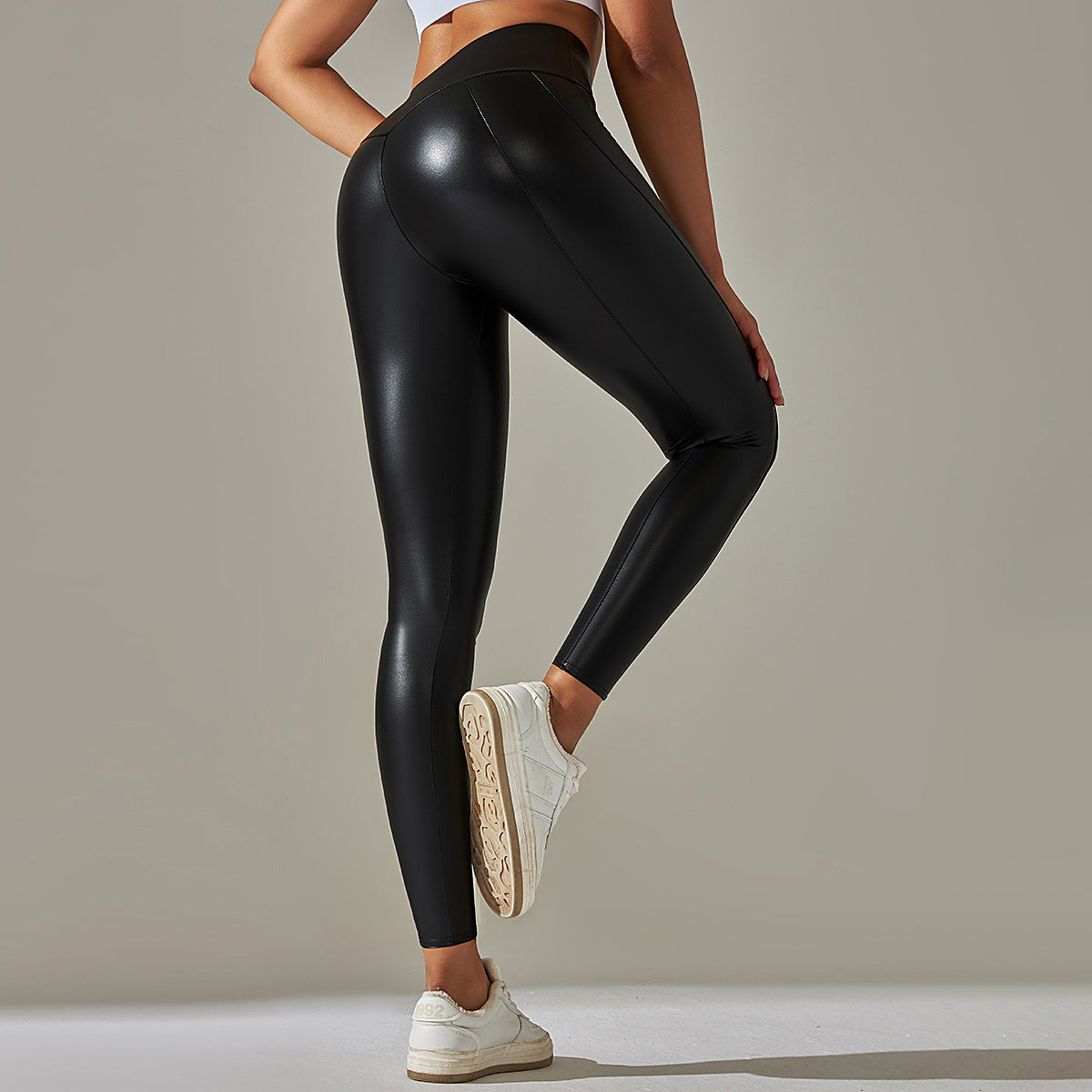 Products Faux Leather Pants High Elastic Sexy Solid Color Bright Black Tight Trousers Running Fitness Yoga Pants