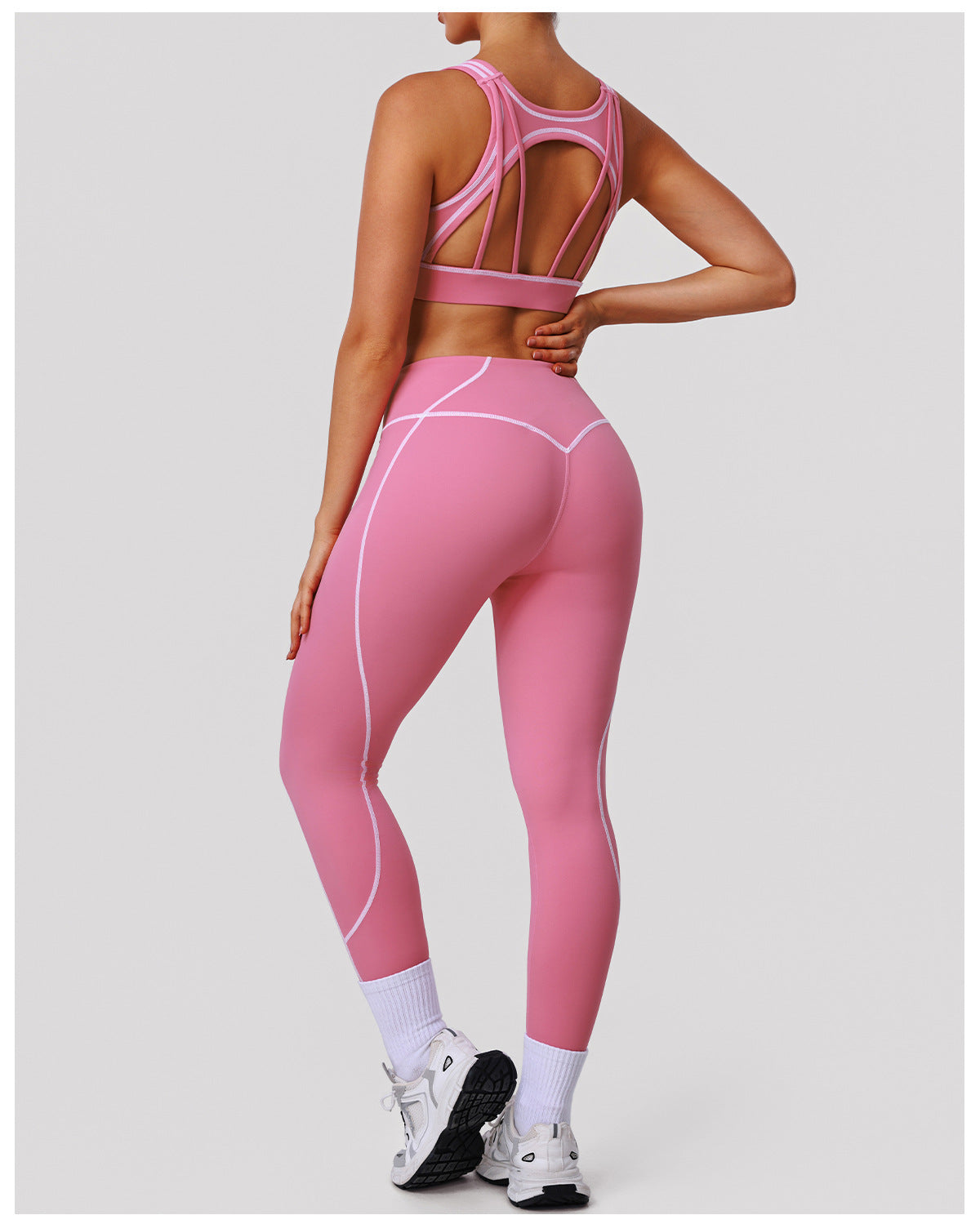 High Strength Nude Feel Contrast Color Yoga Two Piece Sets Sports Training Tights Shockproof Bra Fitness Running Outfit