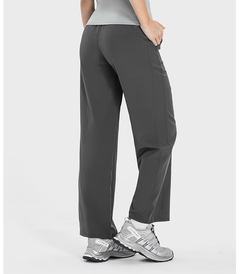 Pocket Slim Fit Slimming High Waist Hip Lift Casual Sports Pants Women Elastic Drawstring Waist Straight Leg Pants