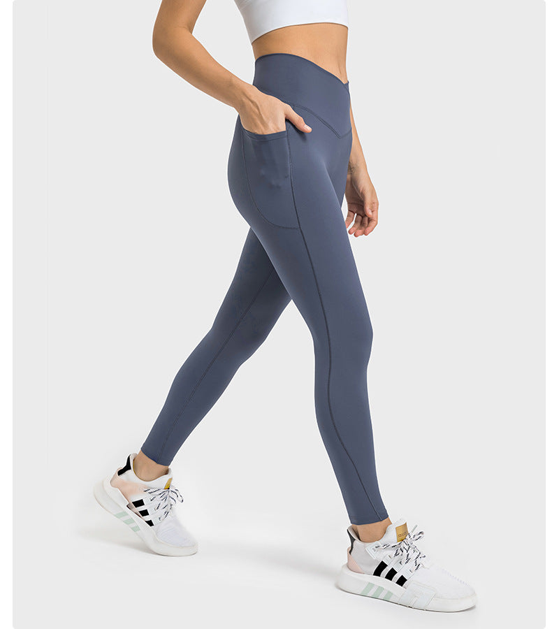 Criss Cross Waist Sports Tights Women Double-Side Pocket without T-Line High Elastic Hip Lifting Cropped Yoga Pants