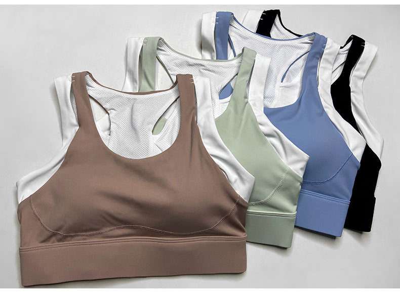 Contrast Color Sports Yoga Shockproof Faux Two Piece Bra Fixed Chest Pad H Shaped Beauty Back Underwear Women Workout Top