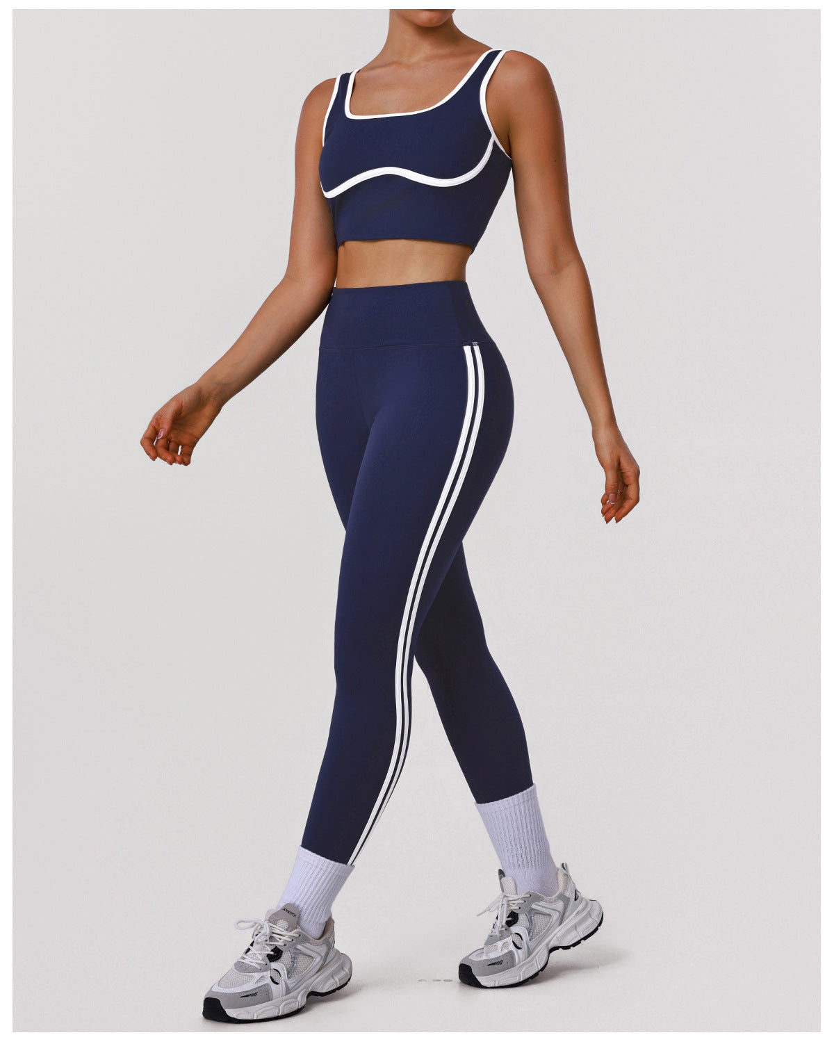 Contrast Color Striped Fitness Yoga Two Piece Sets High Elastic Shockproof Bra Hip Lift Belly Shaping Tights Sportswear