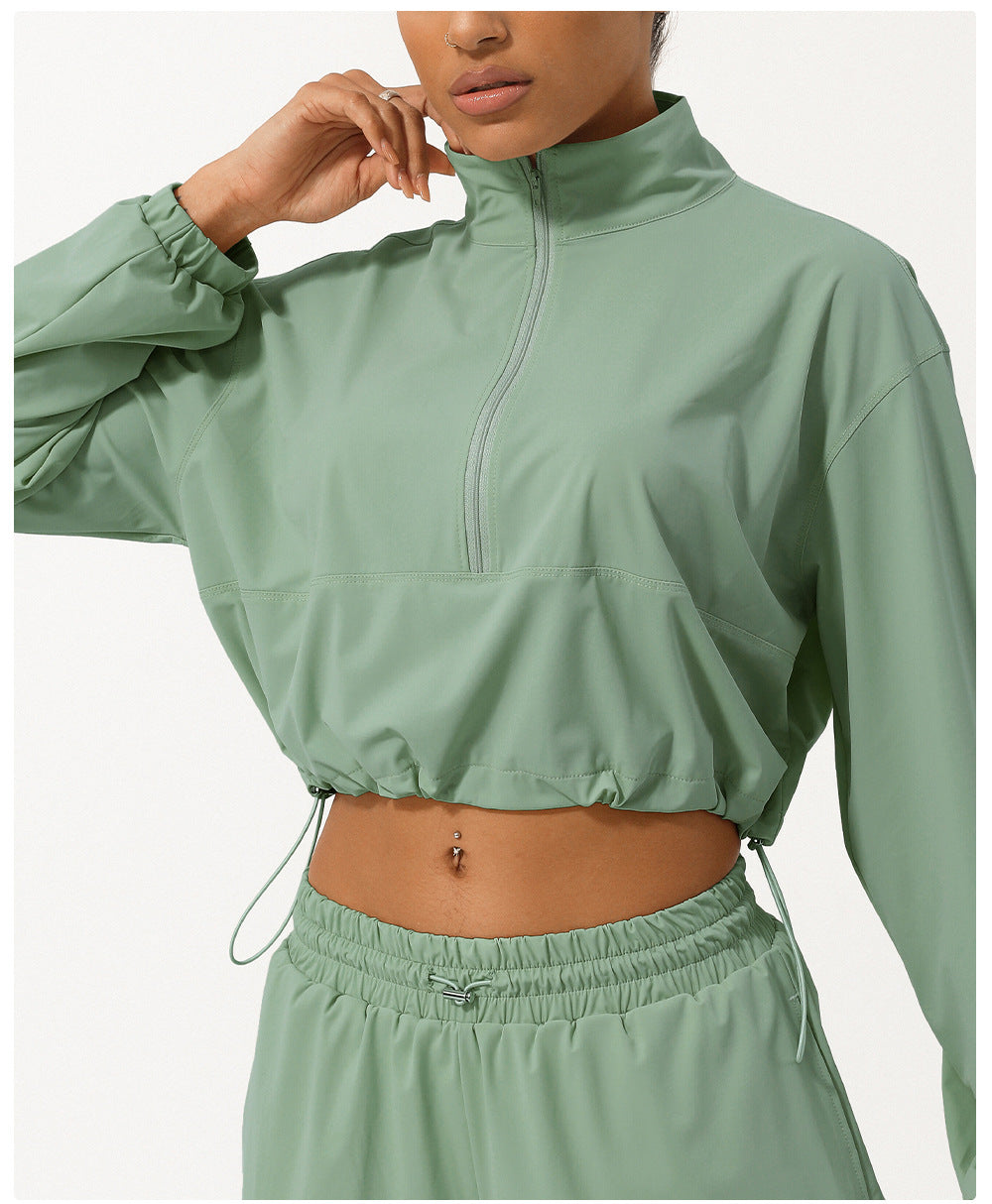 Summer Half Zipper Turtleneck Sun Protection Yoga Clothes Coat UV Protection Outdoor Skin Clothing Hoodie With Drawstrings Sun Protective Clothing