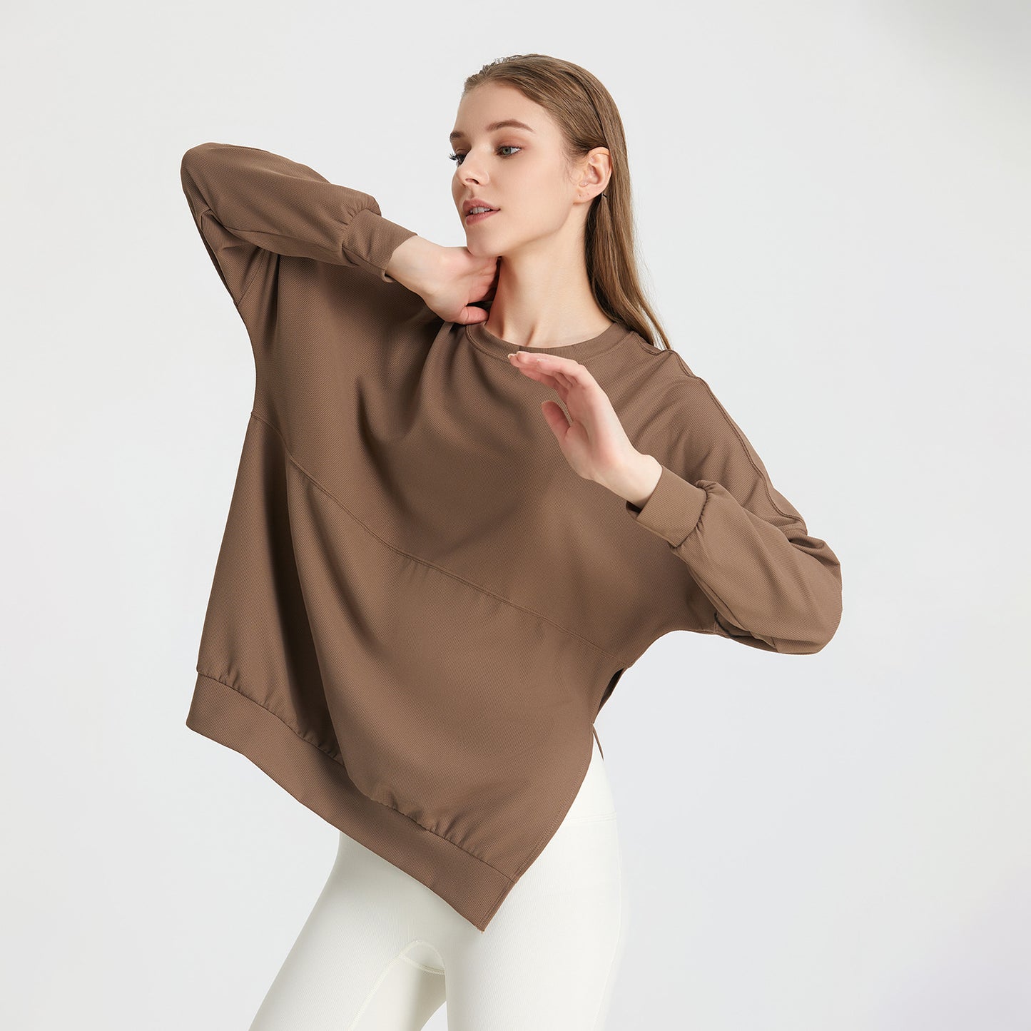 Autumn Winter Loose Waffle Side Fork Sports Top Women Casual Running Workout Clothes Long Sleeved T shirt Yoga Clothes Blouse