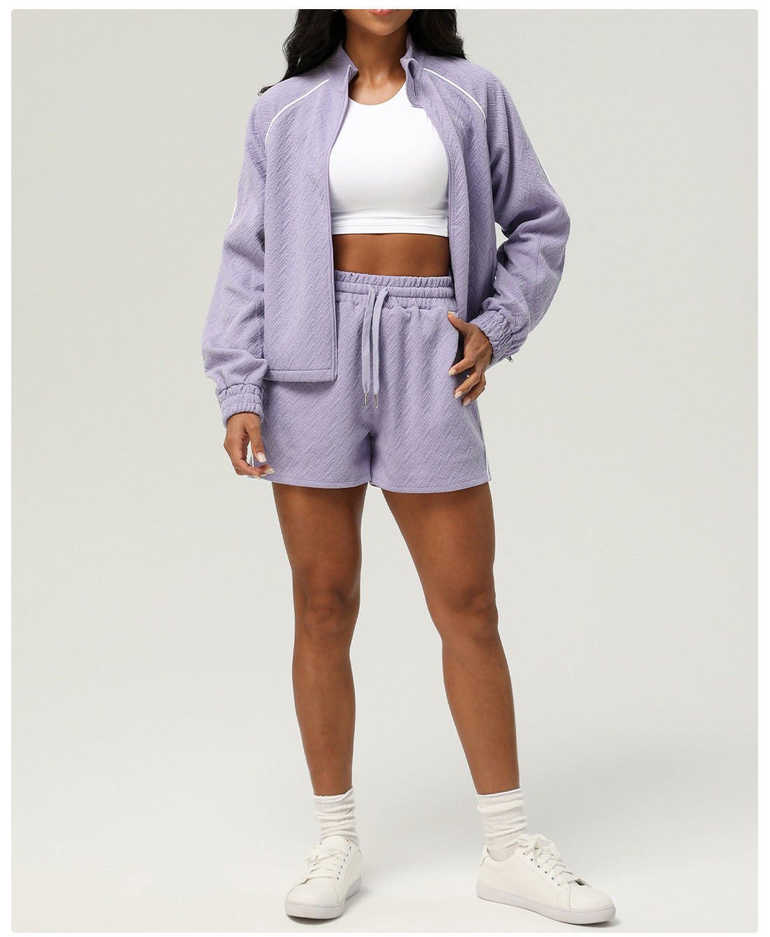 Texture Sports Long Sleeve Coat Shorts Casual Women Yoga Wear Two Piece Sets