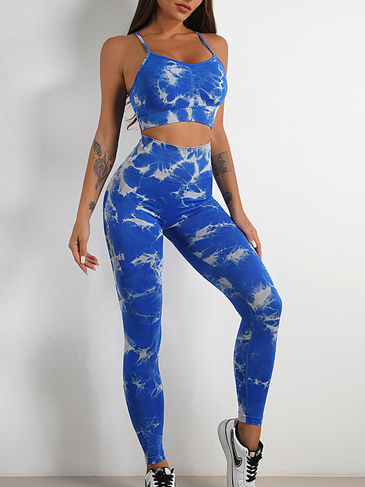 Seamless Knitted Tie Dyed Yoga Clothes Fitness Suit Sports High Waist Elastic Pants Women