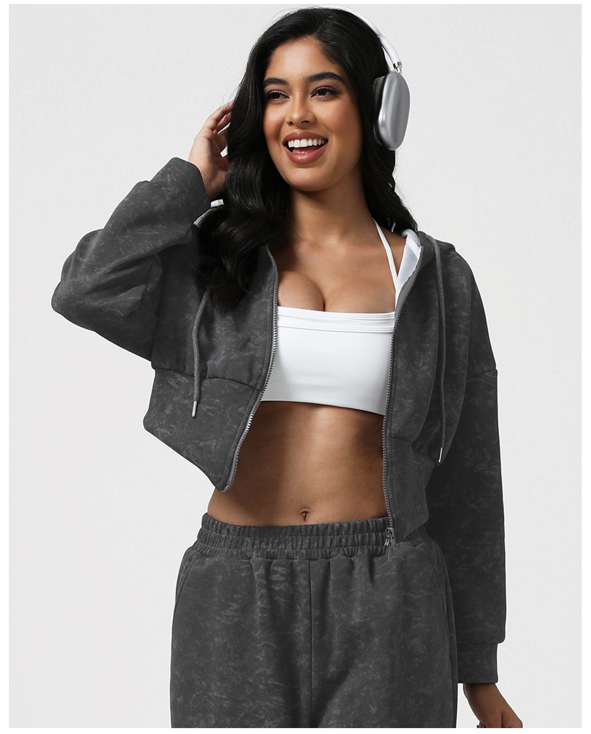 Printed Double Headed Zipper Yoga Jacket Short Autumn Winter Sexy Hooded Sweatshirt Workout Top