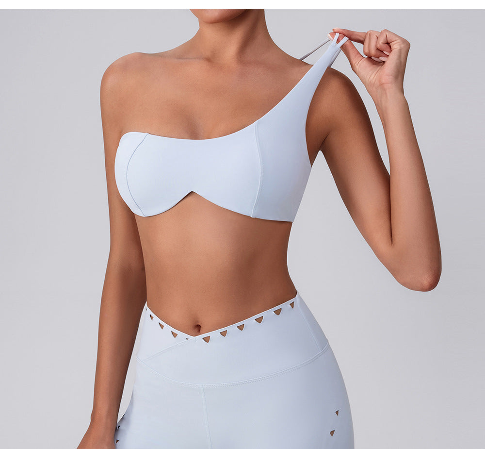 Summer Training Workout Clothes Outer Wear Beauty Back Hollow Out Cutout Vest Oblique Shoulder Yoga Bra Top Nude Feel Sports Underwear for Women