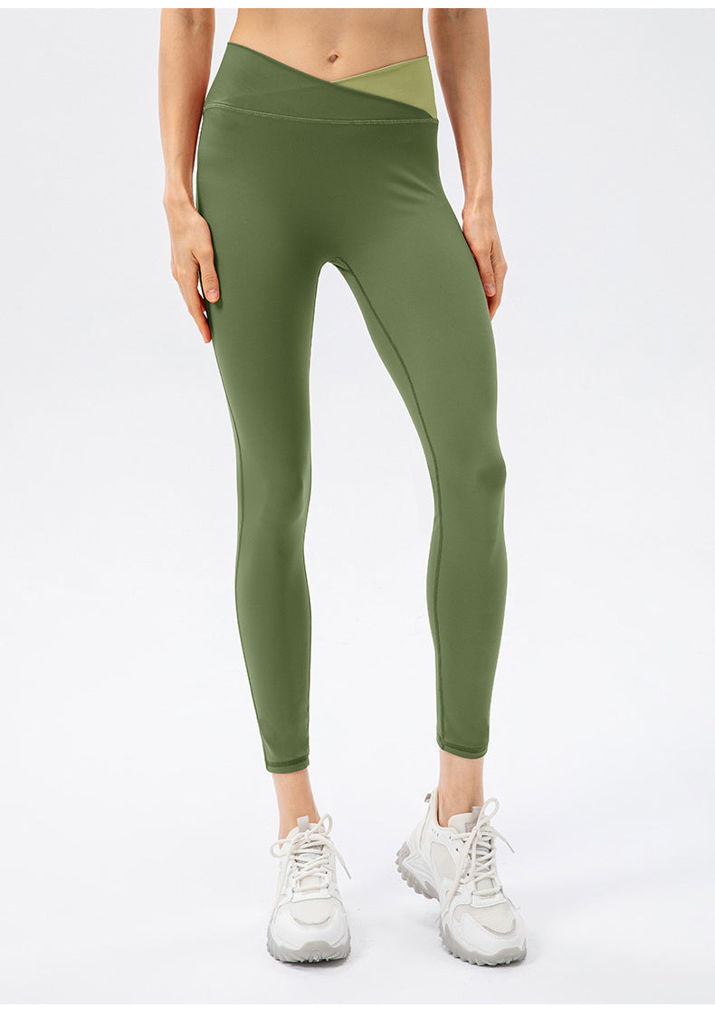 Women Sense No Embarrassment Line Yoga Pants Contrast Color Criss Cross Waist Sports Pants Skinny Hip Raise Fitness Trousers