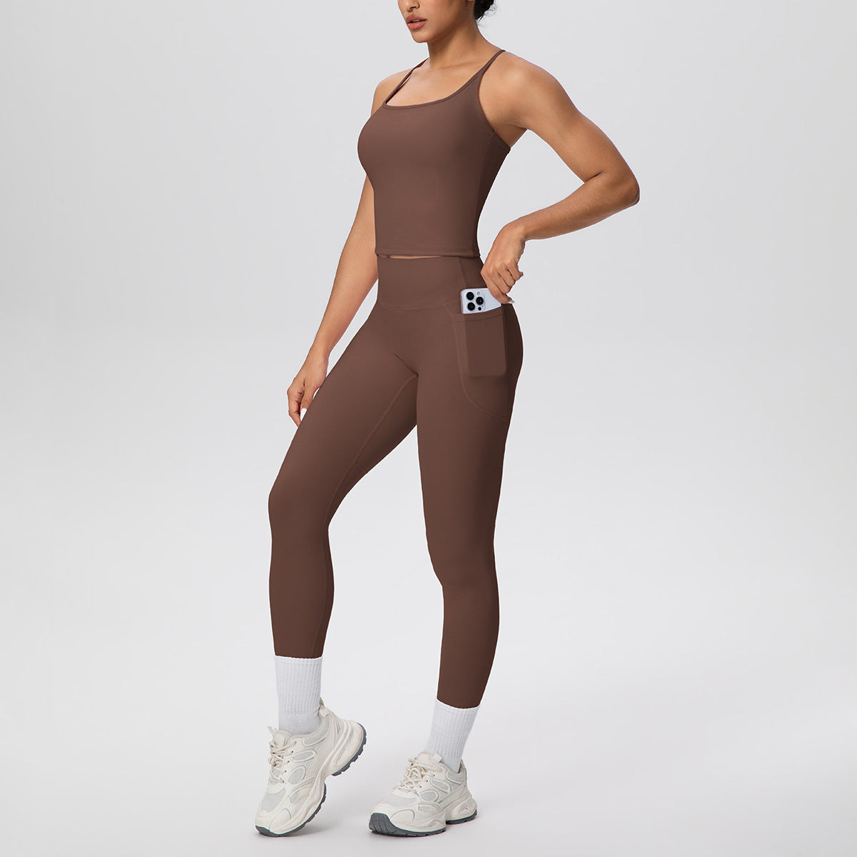 Solid Color Skin Friendly H Shaped Beauty Back Sports Vest Pocket Yoga Pants Leggings Fitness Yoga Wear Set for Women
