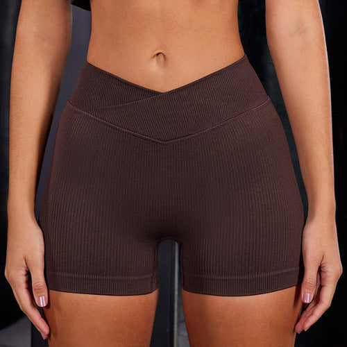 Seamless Knitted Yoga Shorts Peach Hip Lifting High Waist Fitness Pants Tight Cross Sports Three Pants