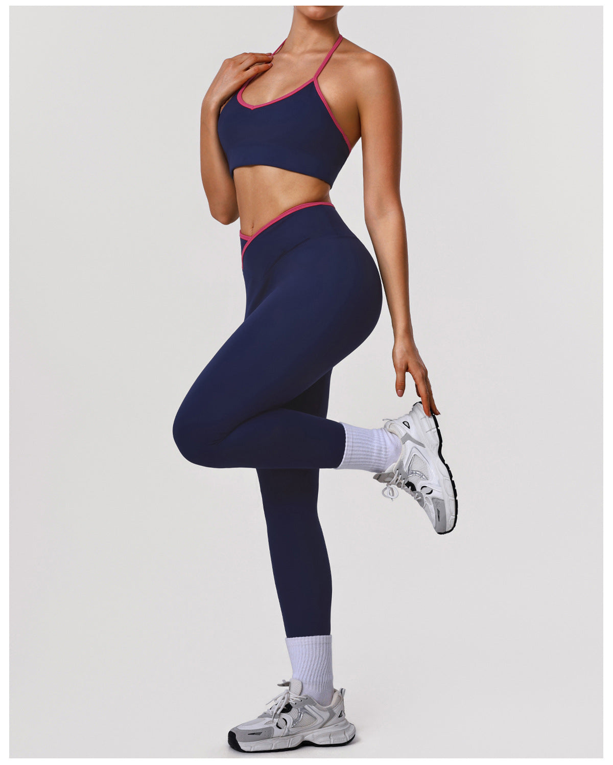 High Elastic Hip Lifting Tights Yoga Contrast Color Thin Band Halter Bra Training Sports Two Piece Sets Women