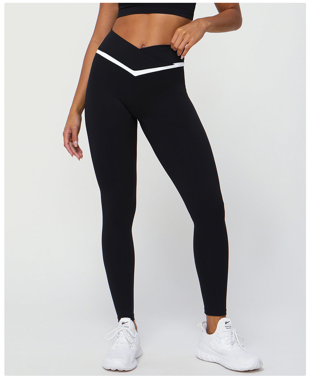 Body Shaping Hip Lifting Yoga Pants Contrast Color Cross V Waist Tight Sports Pants Women Outdoor Running Workout Ankle Length Pants