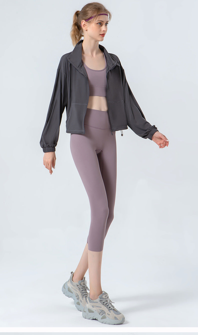 Spring Summer Stand Collar Drawstring Yoga Clothes Cloud Sense Loose Simple Slimming Coat Pocket Sports Fitness Clothes