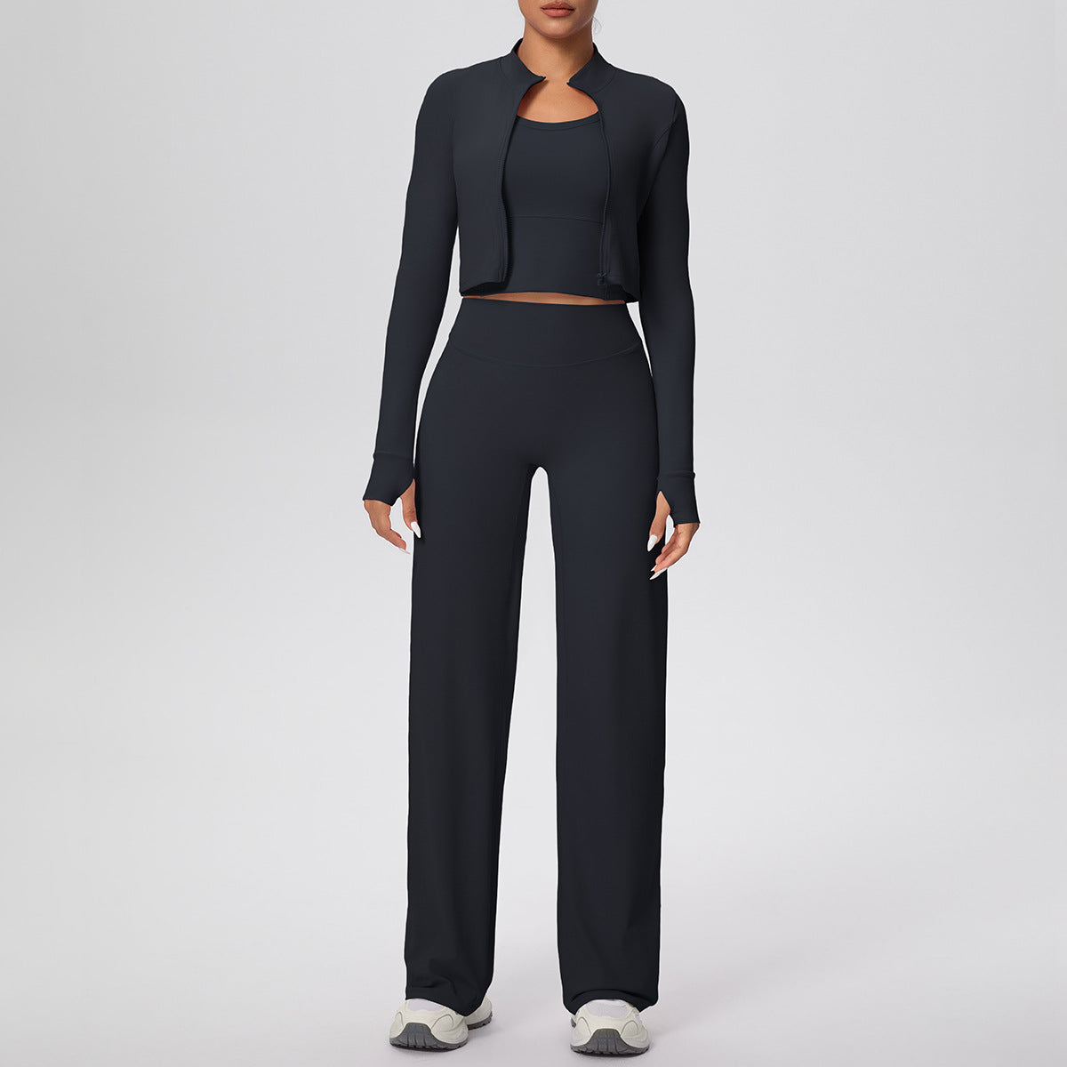 Solid Color Sports Zip Long Sleeve Coat Inner Vest Baggy Straight Trousers Workout Clothes Yoga Three Piece Suit
