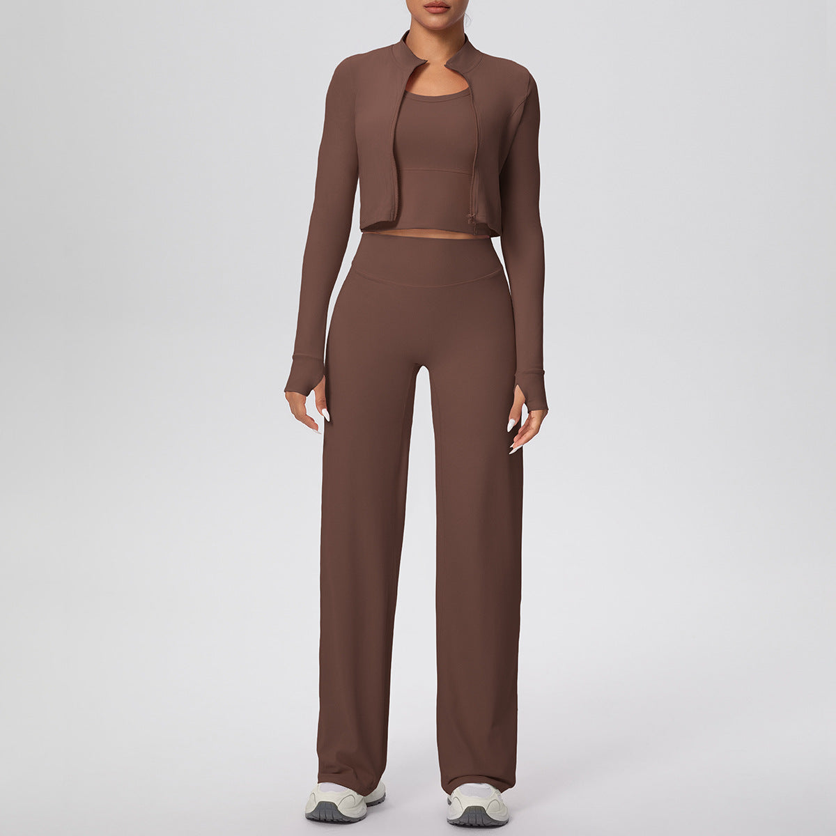 Solid Color Sports Zip Long Sleeve Coat Inner Vest Baggy Straight Trousers Workout Clothes Yoga Three Piece Suit
