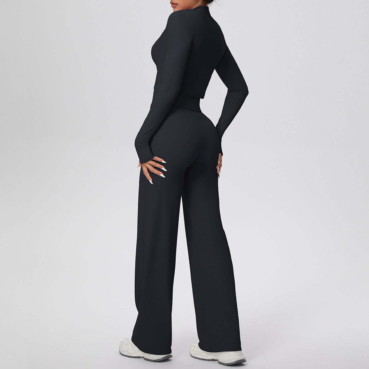 Women Solid Color Zip Long Sleeve Coat Oblique Shoulder Vest Baggy Straight Trousers Workout Clothes Yoga Three Piece Set