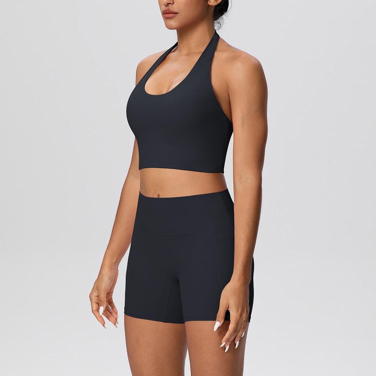 Solid Color Halter Beauty Back Exercise Bra Gathering Vest Pocket Sports Shorts Fitness Pants Yoga Set