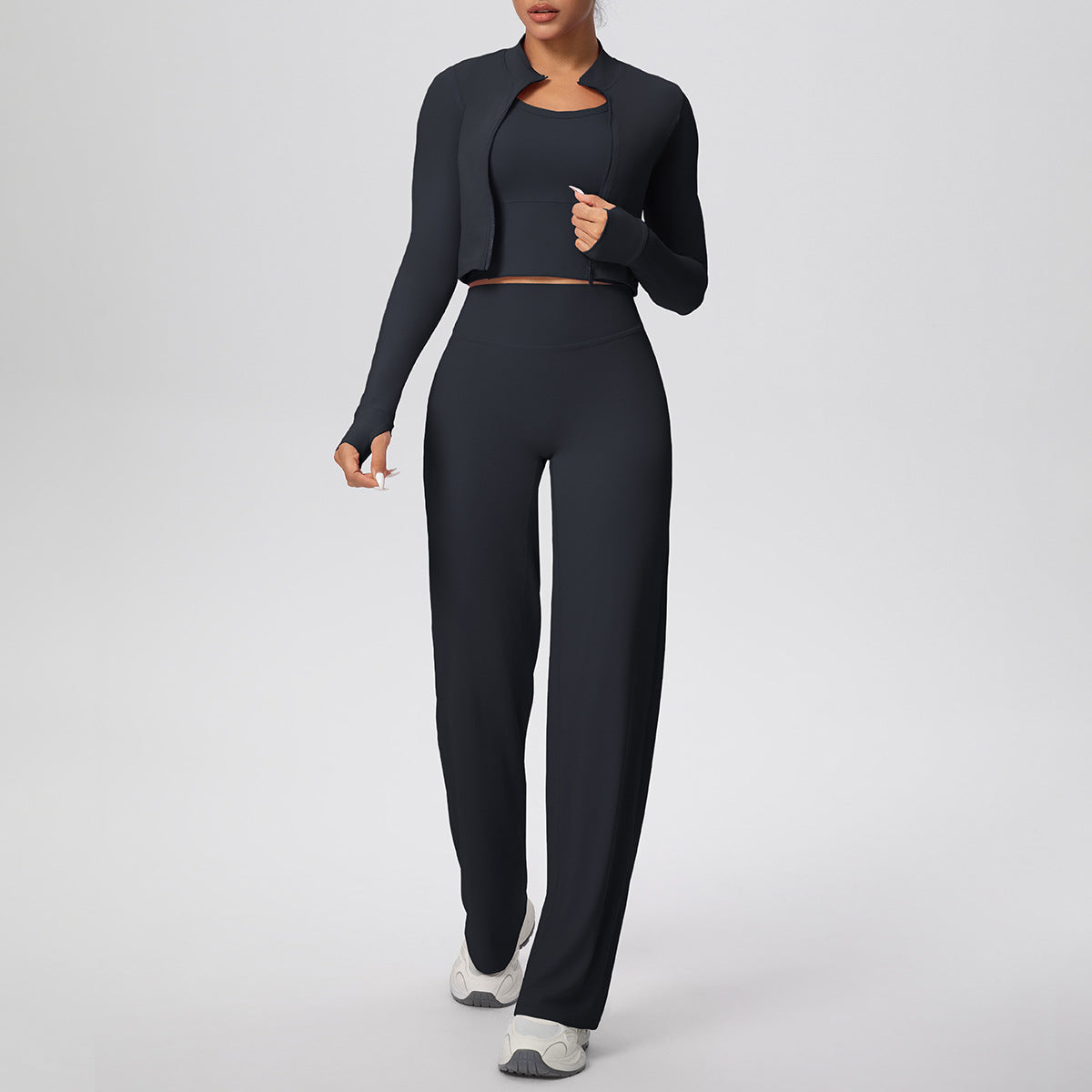 Solid Color Sports Zip Long Sleeve Coat Inner Vest Baggy Straight Trousers Workout Clothes Yoga Three Piece Suit