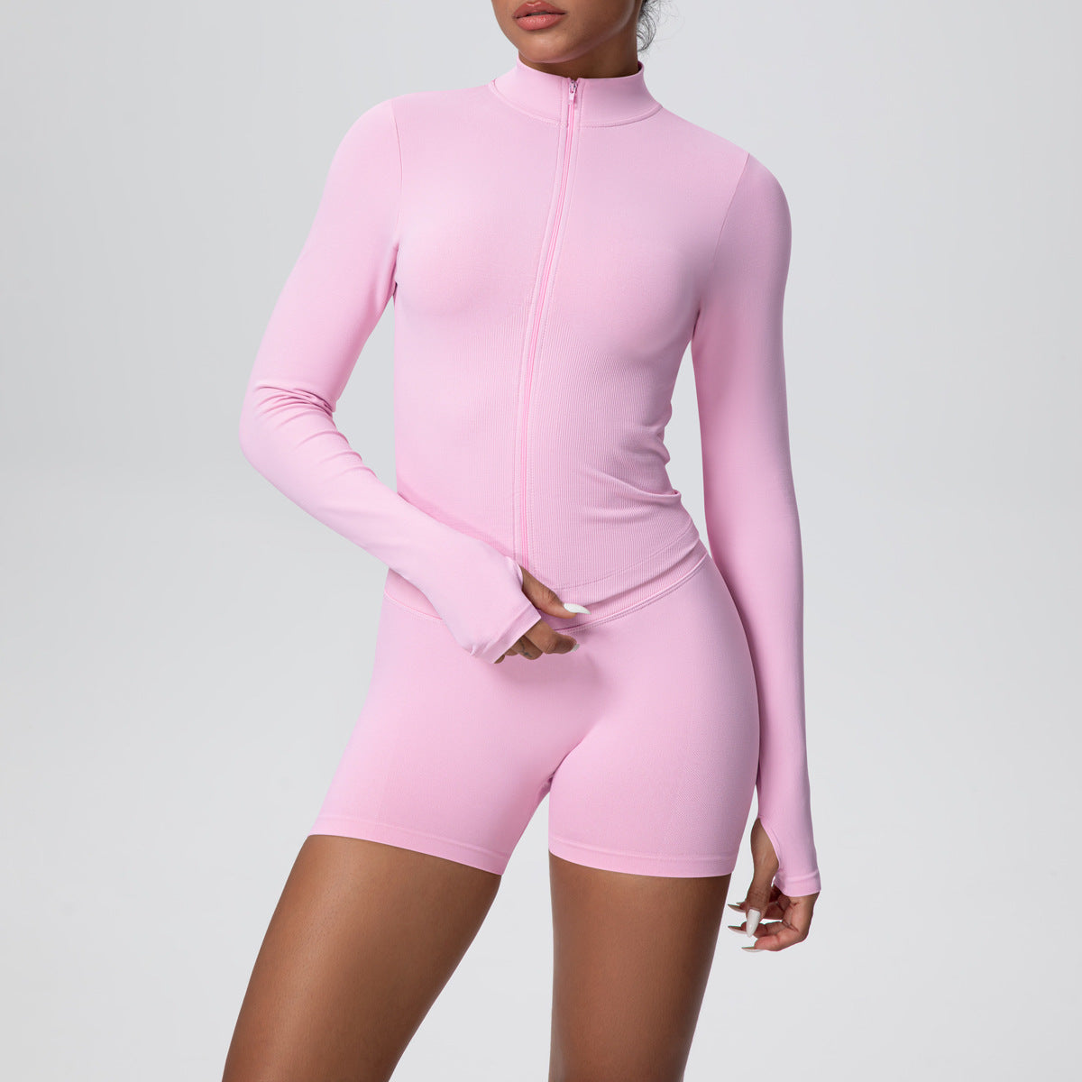 Stand Collar Knitted Long Sleeve Zipper Yoga Jacket Tight Quick Drying Yoga Shorts Fitness Yoga Wear Set for Women