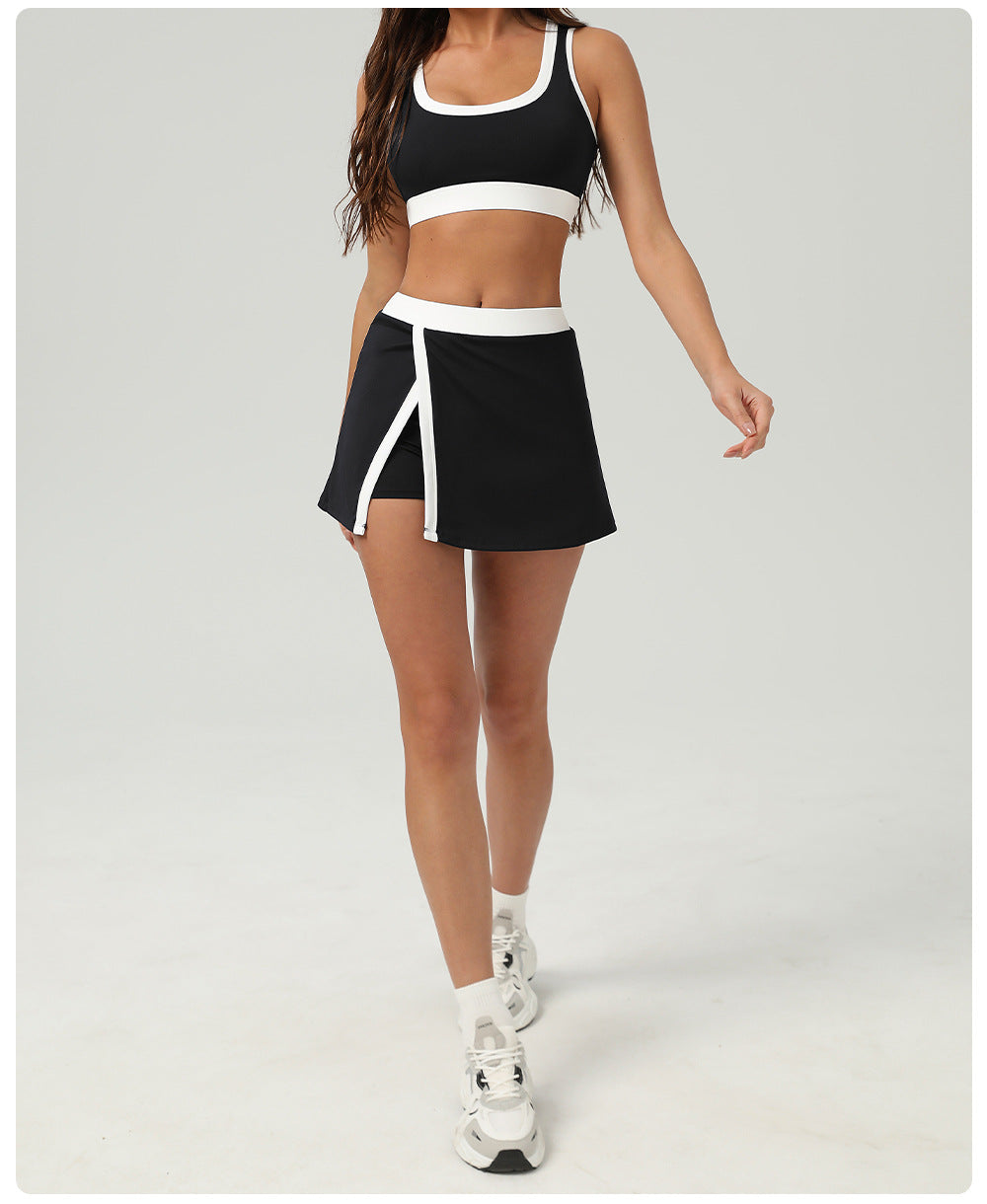 Contrast Color Sports Bra Tennis Skirt Set Women Quick Drying Anti Emptied Pantskirt Sports Set